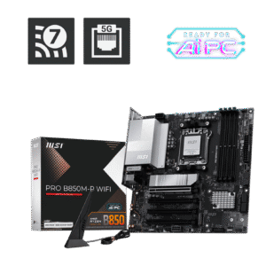 MSI PRO B850M-P WIFI Micro-ATX Motherboard – AM5. DDR5‑8200+ OC. PCIe 5.0 x16. 3× M.2 (1× Gen5). 5 GbE LAN. Wi‑Fi 7. USB4. HDMI 2.1