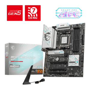 MSI B850 GAMING PLUS WIFI ATX Motherboard – AM5. DDR5‑8200+ OC. PCIe 5.0 x16. 3× M.2 (1× Gen5). 5 GbE LAN. Wi‑Fi 7. USB4. HDMI 2.1