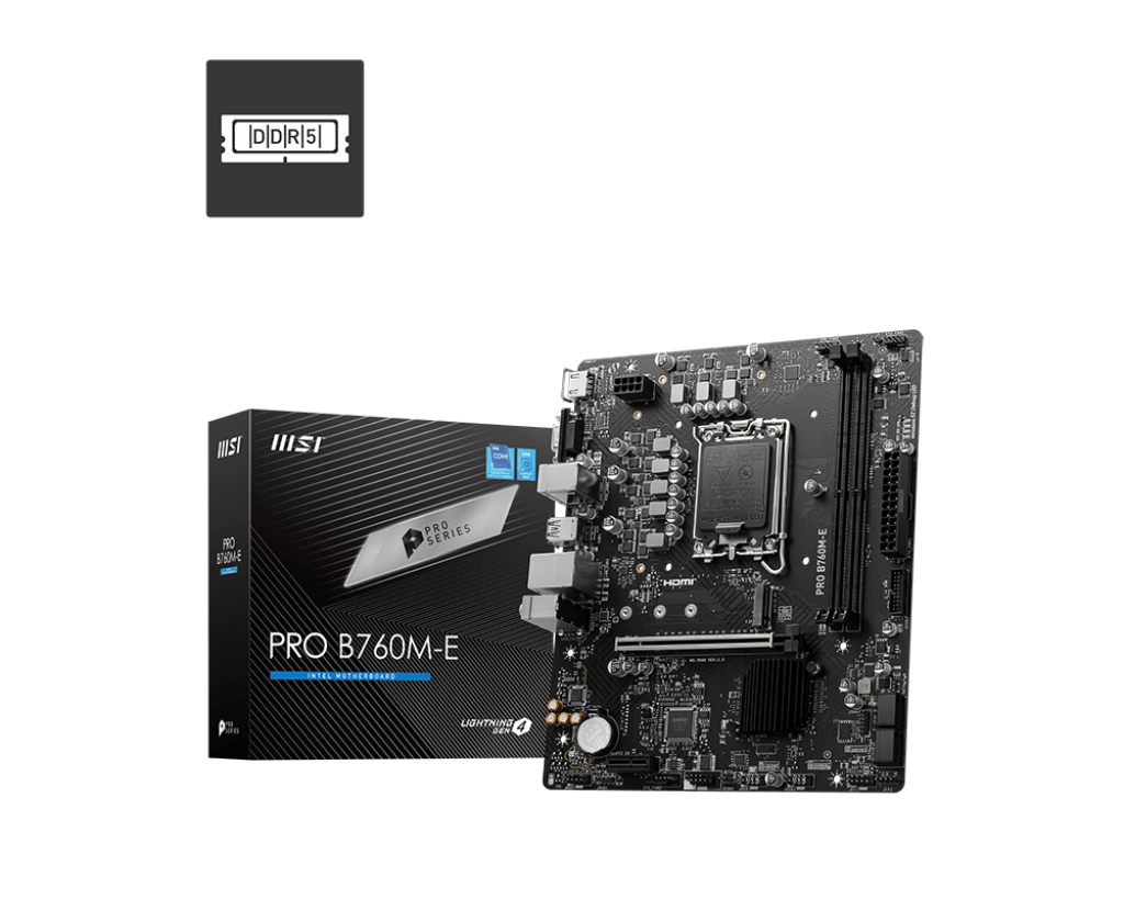 MSI PRO B760M-E DDR4 Micro-ATX Motherboard – LGA1700. Intel B760. DDR4-5333+ OC. PCIe 4.0 x16. HDMI. VGA. USB-C. 6+2+1 Phase Power Design