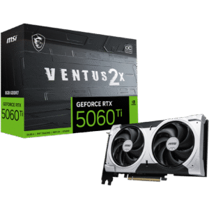 MSI GeForce RTX 5060 Ti 8GB GDDR7 VENTUS 2X OC PLUS GPU – 4608 CUDA. 2600 MHz Boost. PCIe 5.0. DP 2.1b × 3. HDMI 2.1b. Dual‑Fan Stormforce Cooling