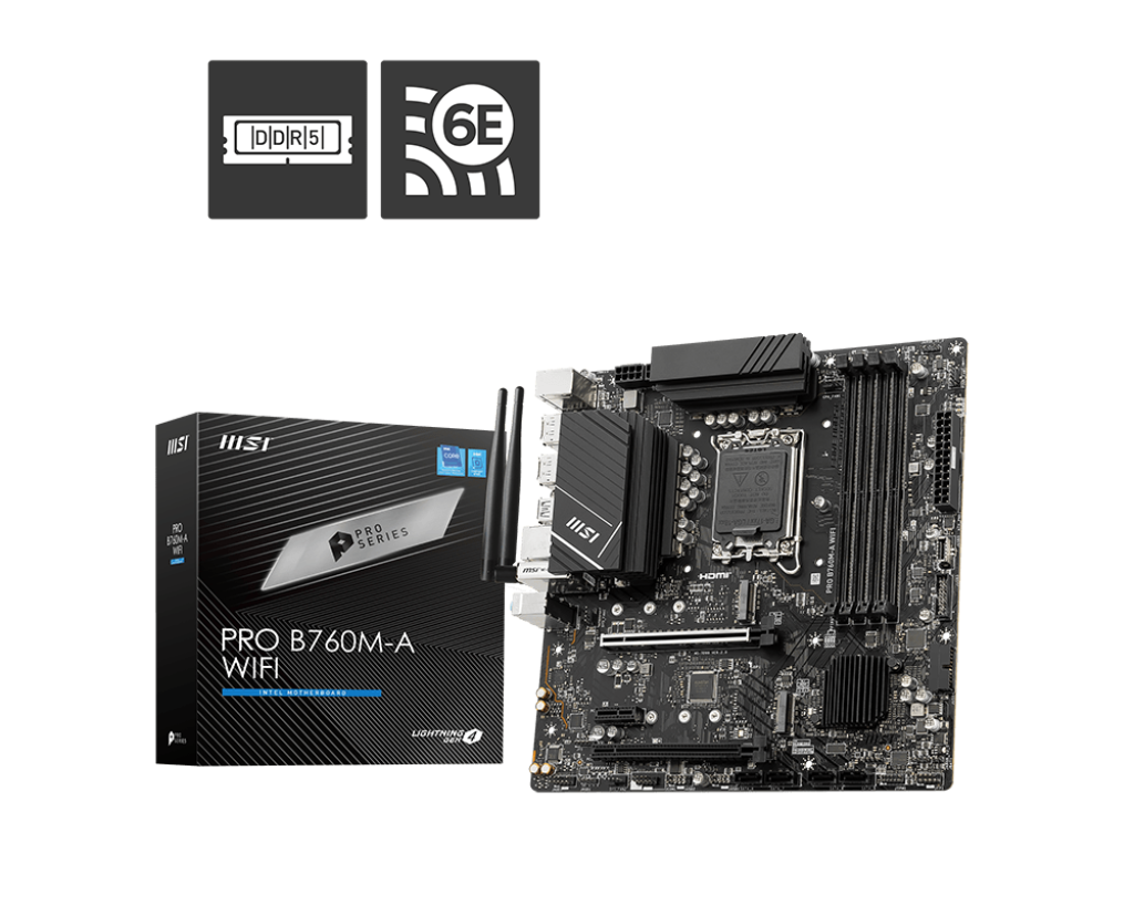 MSI PRO B760M‑A WiFi DDR5 mATX Motherboard – LGA 1700. DDR5 5333 MHz OC. PCIe 4.0. Wi‑Fi 6E. 2.5 Gb LAN