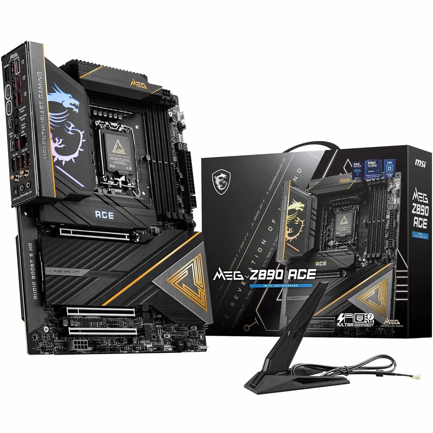 MSI MEG Z890 Ace LGA 1851 ATX Motherboard. Intel Z890 Chipset. 4x DDR5 UDIMM Slots. Up to 256GB Max Memory. Wi-Fi 7 & BT 5.4. 3x PCI-E x16 Slots. 5x M.2 Slots. Black