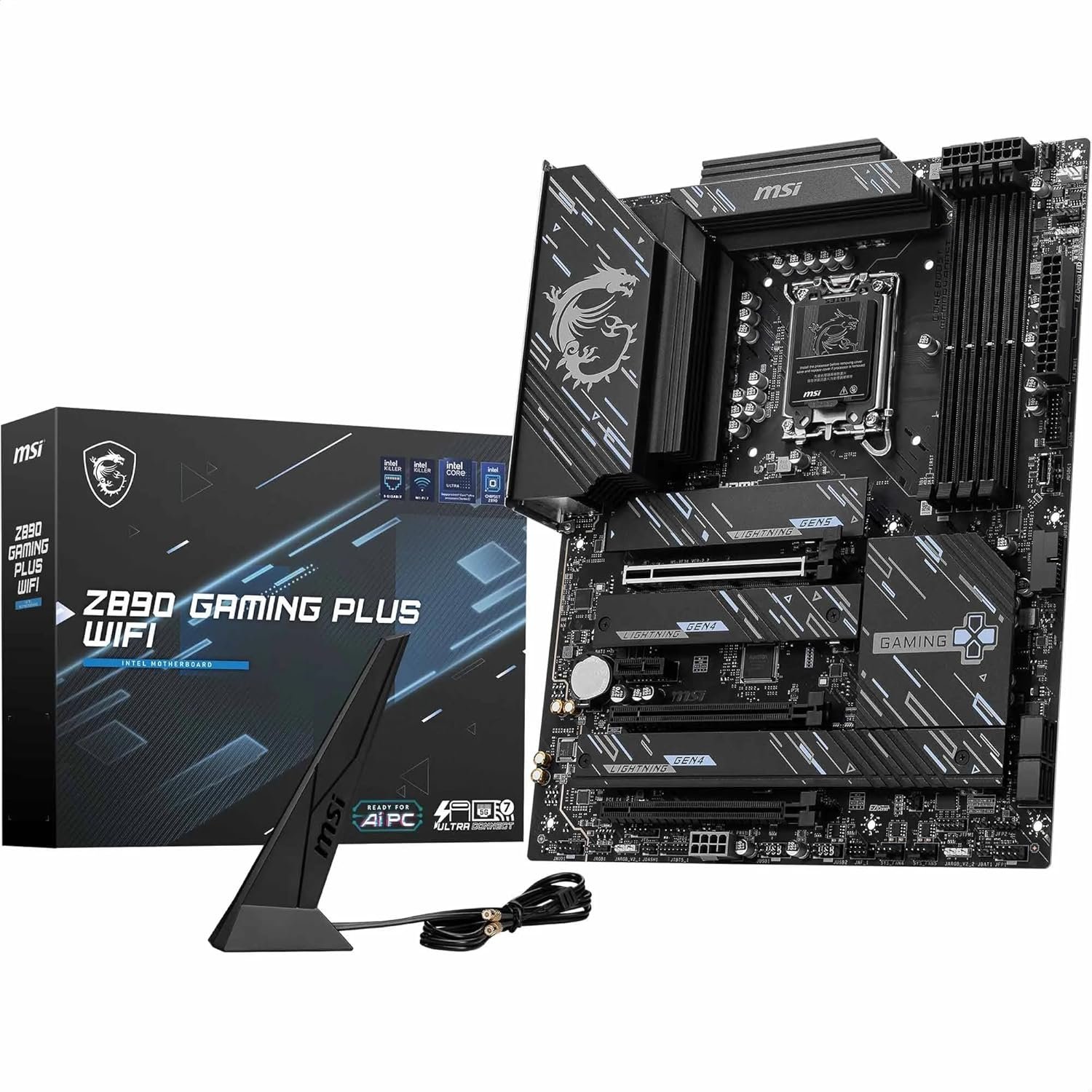 MSI Z890 GAMING PLUS WIFI Motherboard. ATX - Supports Intel Core Ultra Processors (Series 2). LGA 1851 - DDR5 Memory Boost 9200+MT/s OC. 1 x PCIe 5.0 x16. 1 x M.2 Gen5. Intel Killer 5G LAN. Wi-Fi 7