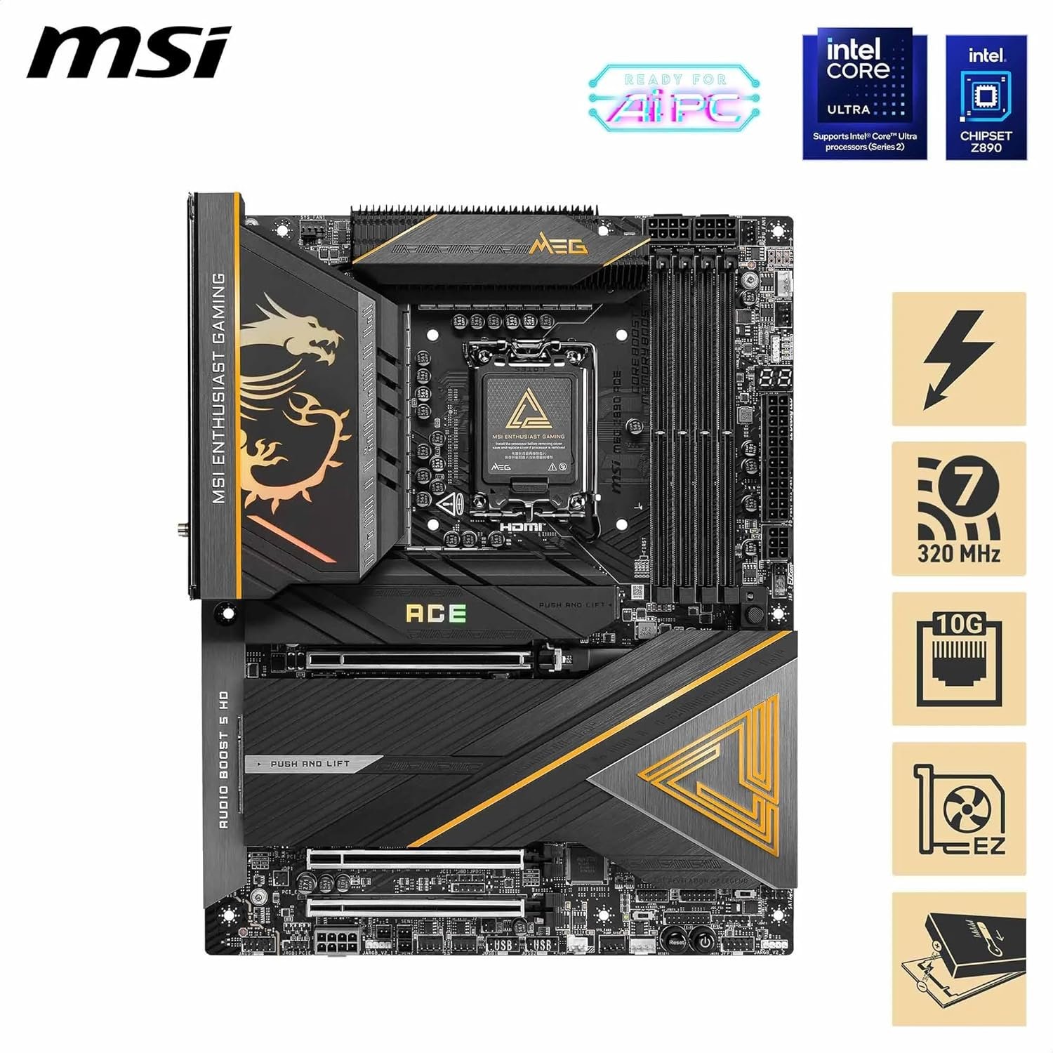 MSI MEG Z890 Ace LGA 1851 ATX Motherboard. Intel Z890 Chipset. 4x DDR5 UDIMM Slots. Up to 256GB Max Memory. Wi-Fi 7 & BT 5.4. 3x PCI-E x16 Slots. 5x M.2 Slots. Black:圖片 2