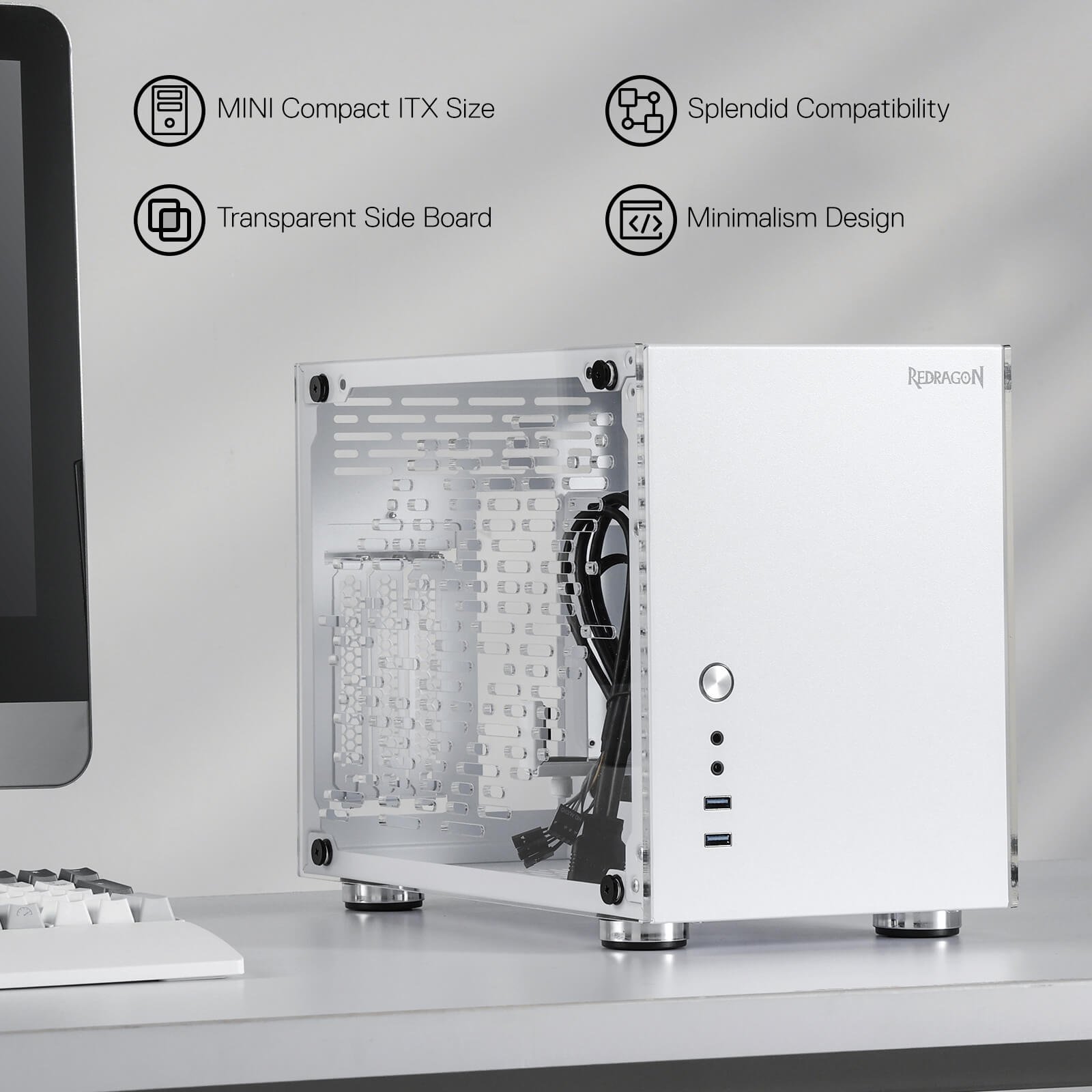 Redragon EB211 Mini-ITX Gaming PC Case. Small Form Factor Computer Chassis w/ Vented Honeycomb Acrylic Transparent Panels. Triple-Slot GPU and 360 Degree Accessibility. White:圖片 13