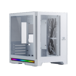 Redragon MC211 ITX Gaming PC Case. M-ATX Computer Chassis w/ 2 Tempered Glass Panels & High Airflow Perforated Panels. 240mm Radiator Support. Rhythm Sync Lighting Bar. Easy Cable Management. White
