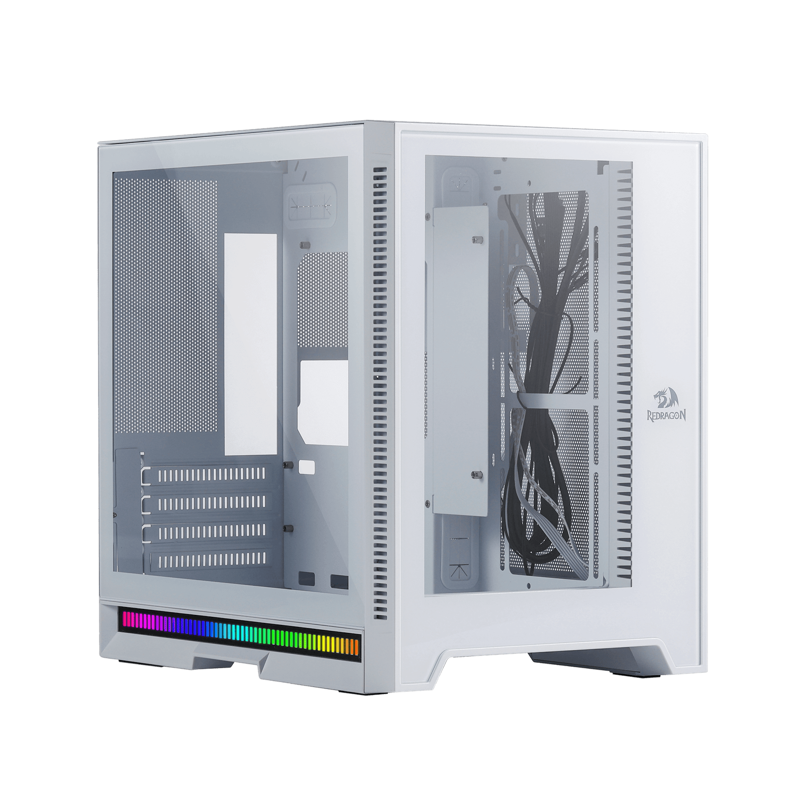 Redragon MC211 ITX Gaming PC Case. M-ATX Computer Chassis w/ 2 Tempered Glass Panels & High Airflow Perforated Panels. 240mm Radiator Support. Rhythm Sync Lighting Bar. Easy Cable Management. White