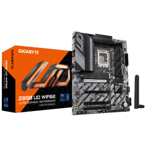 Gigabyte Z890 UD WIFI6E ATX Motherboard – LGA 1851. DDR5 up to 9066 MT/s (OC). PCIe 5.0/M.2. USB4. Wi‑Fi 6E. 2.5 Gb LAN