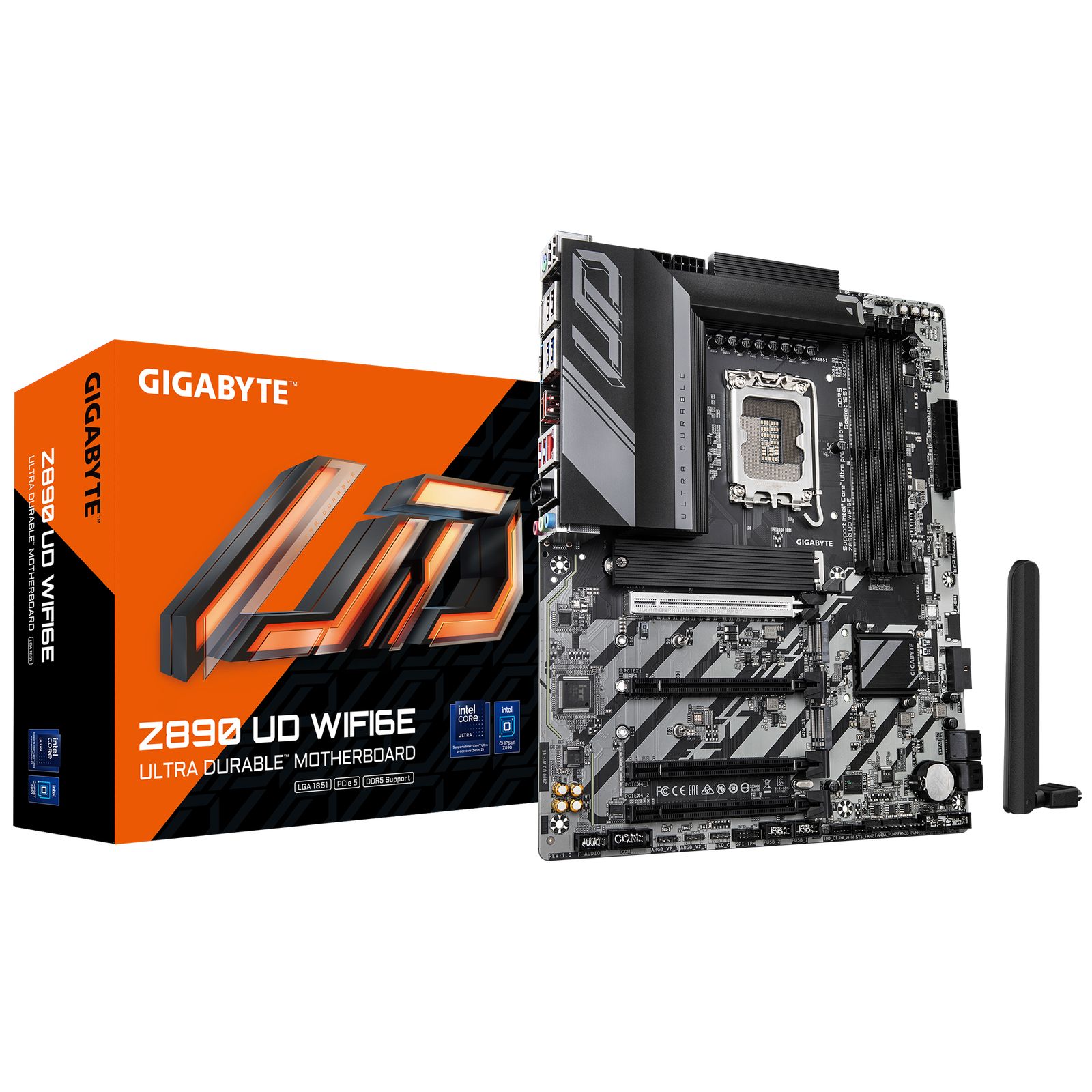 Gigabyte Z890 UD WIFI6E ATX Motherboard – LGA 1851. DDR5 up to 9066 MT/s (OC). PCIe 5.0/M.2. USB4. Wi‑Fi 6E. 2.5 Gb LAN